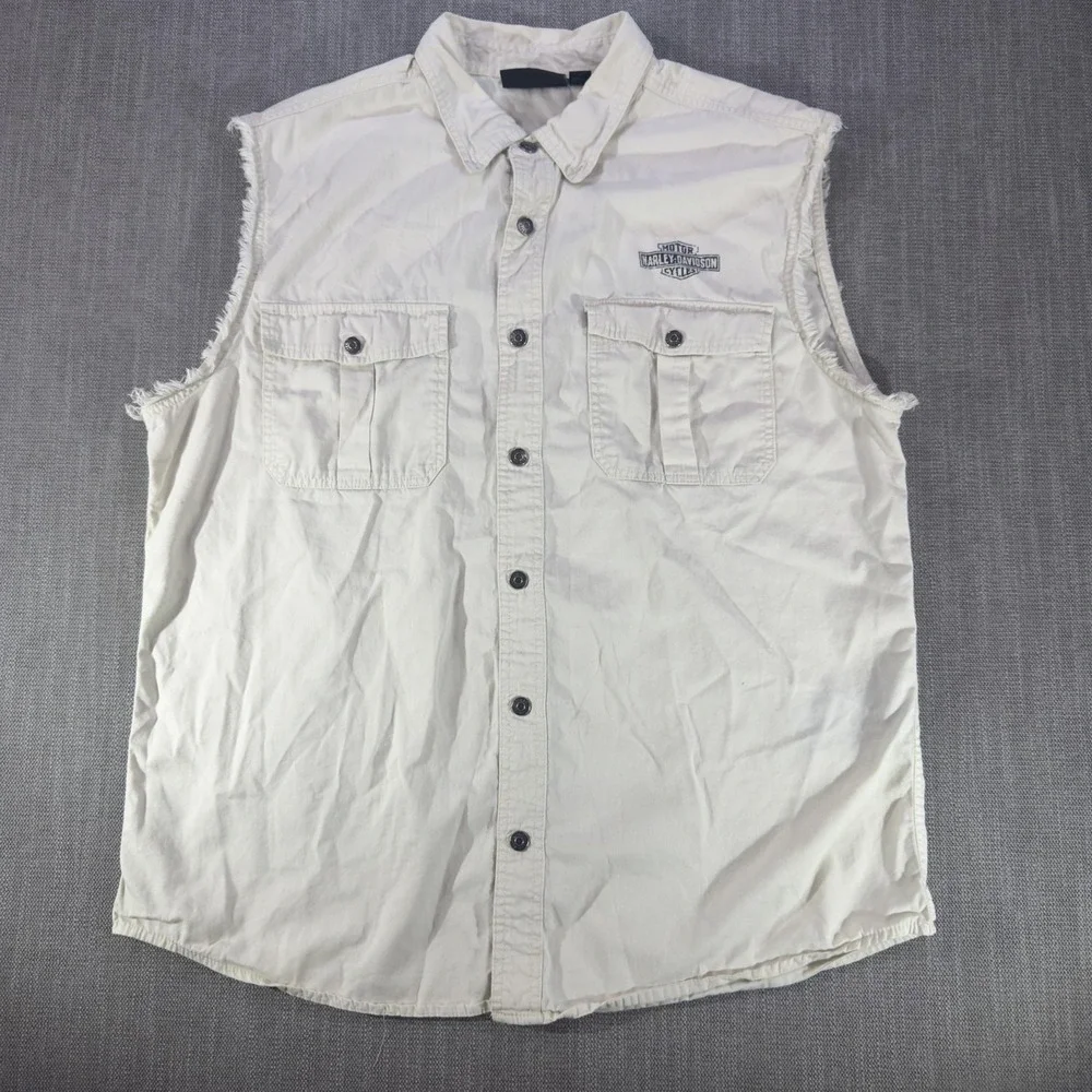 Harley-Davidson Shirt Mens XL White Sleeveless Cutoff Button Up Flag Graphic